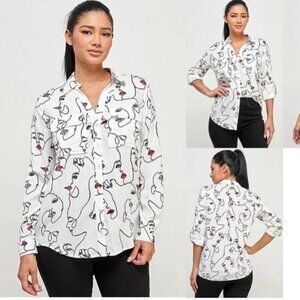 Milk & Honey Large Abstract Face Print Pink Button Shirt Art To Wear Artsy NEW!